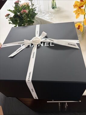 CHANEL Black Gift Box with White Ribbon and Camellia Accent